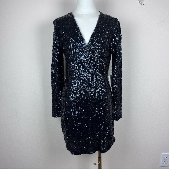 Venus Dress Womens Small Sequin Mini V Neck Long Sleeve Evening Date Party Blue - Picture 1 of 12
